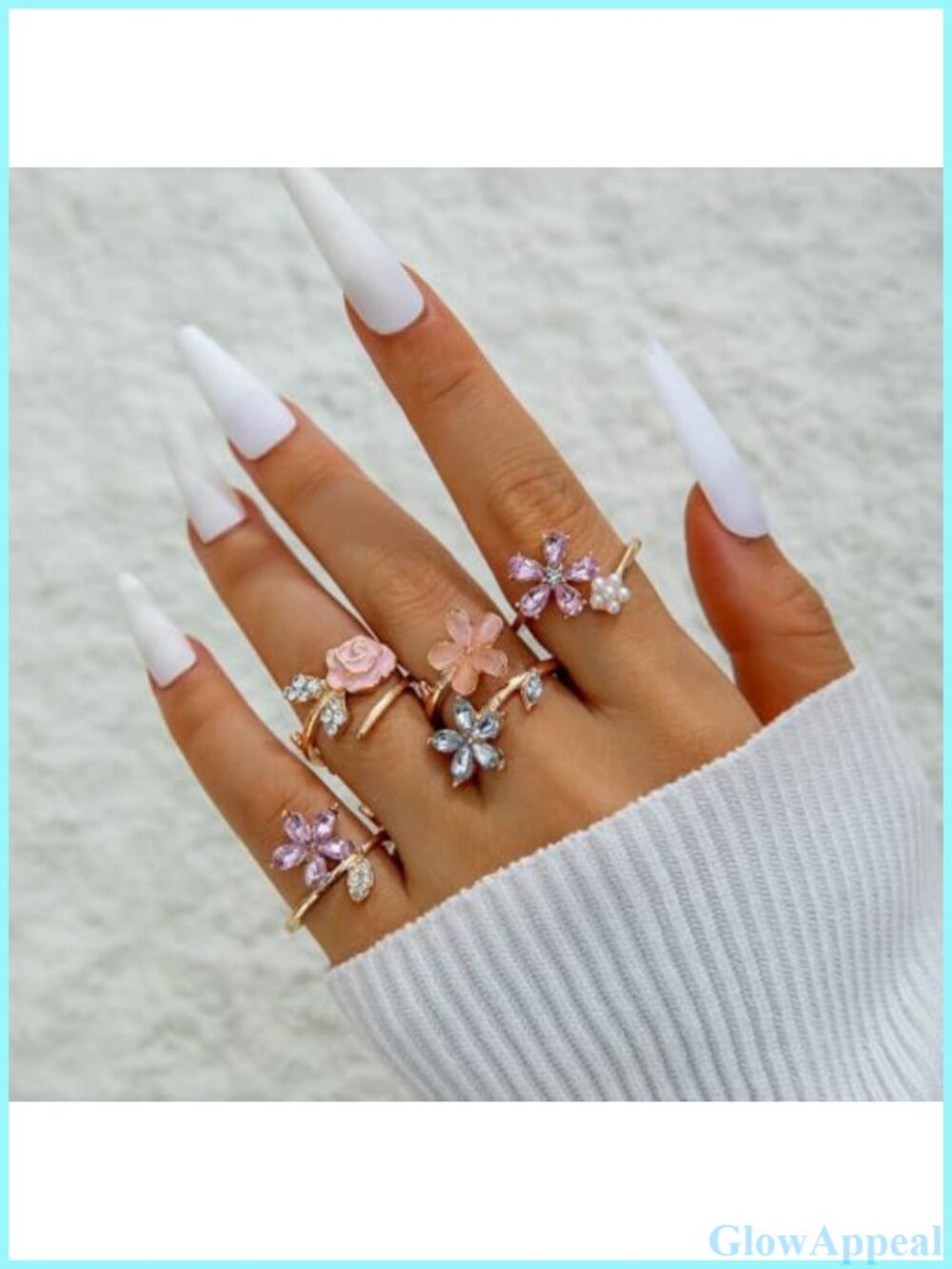 Stackable Flower Ring Set Rhinestone Pearl Floral Stacking Rings Jewelry Gift - Picture 2 of 6